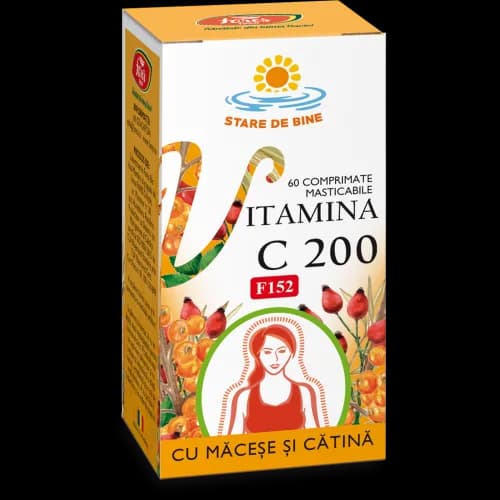 Vitamina C 200 mg cu Măceșe și Cătină, 60 comprimate masticabile