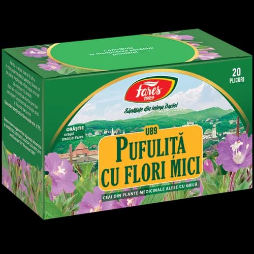 Pufuliță cu flori mici, iarba, ceai la plic