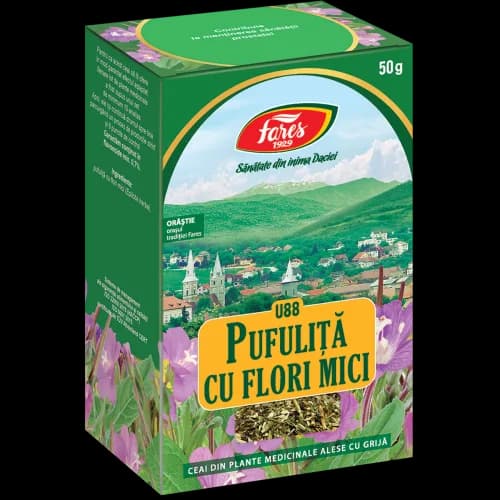 Pufuliță cu flori mici, iarba, ceai la pungă